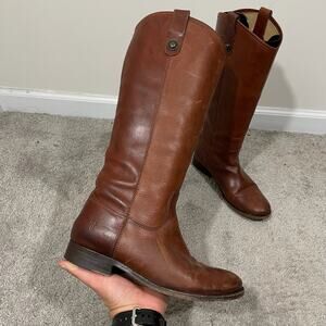 Frye Melissa Button Pull-On Leather Tall Riding Boots Womens Sz 7.5 Cognac Brown